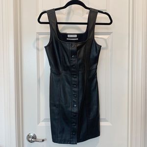 Faux Leather Black Mini Dress with Square Neckline, Size 0